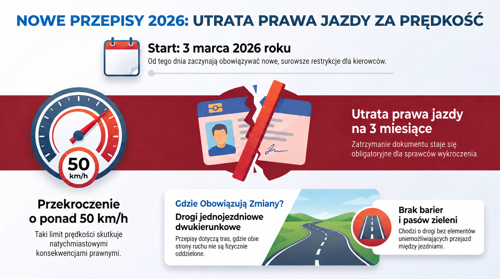 Infografika: nowe przepisy 2026 - utrata prawa jazdy za prędkość