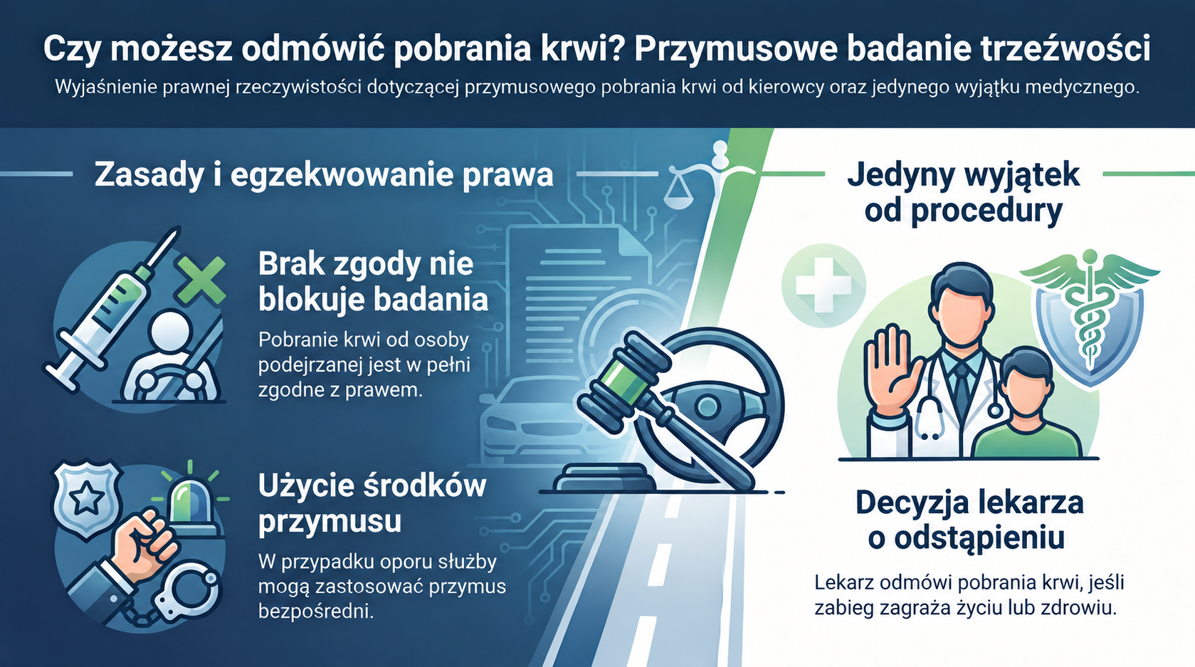 Infografika: prawne zasady przymusowego badania trzeźwości i pobrania krwi